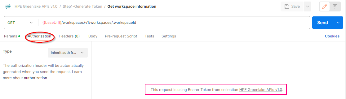 Figure 4: REST API request with authorization type inherited from parent collection