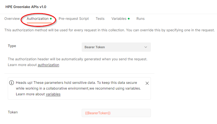 Figure 3: Authorization type (bearer token) specified at the collection level