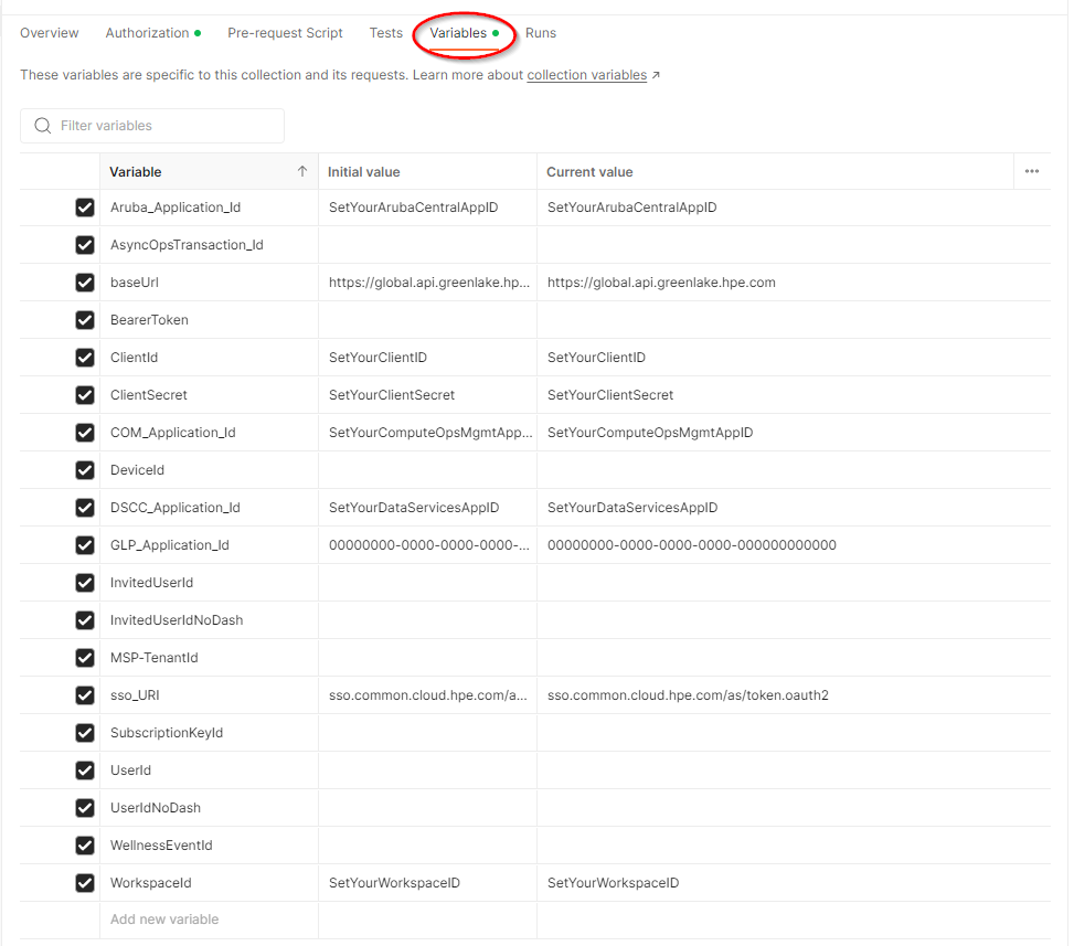 Figure 1: HPE GreenLake platform API collections variables