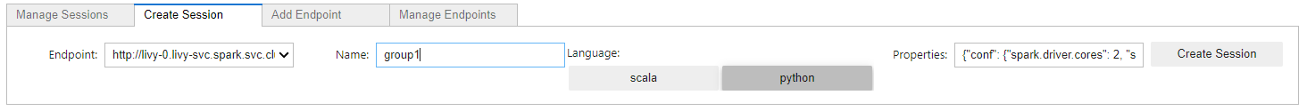 Simplified Apache Spark management from HPE Ezmeral Unified Analytics. This screenshot show the ability to create a spark session from the Unified Analytics user interface.