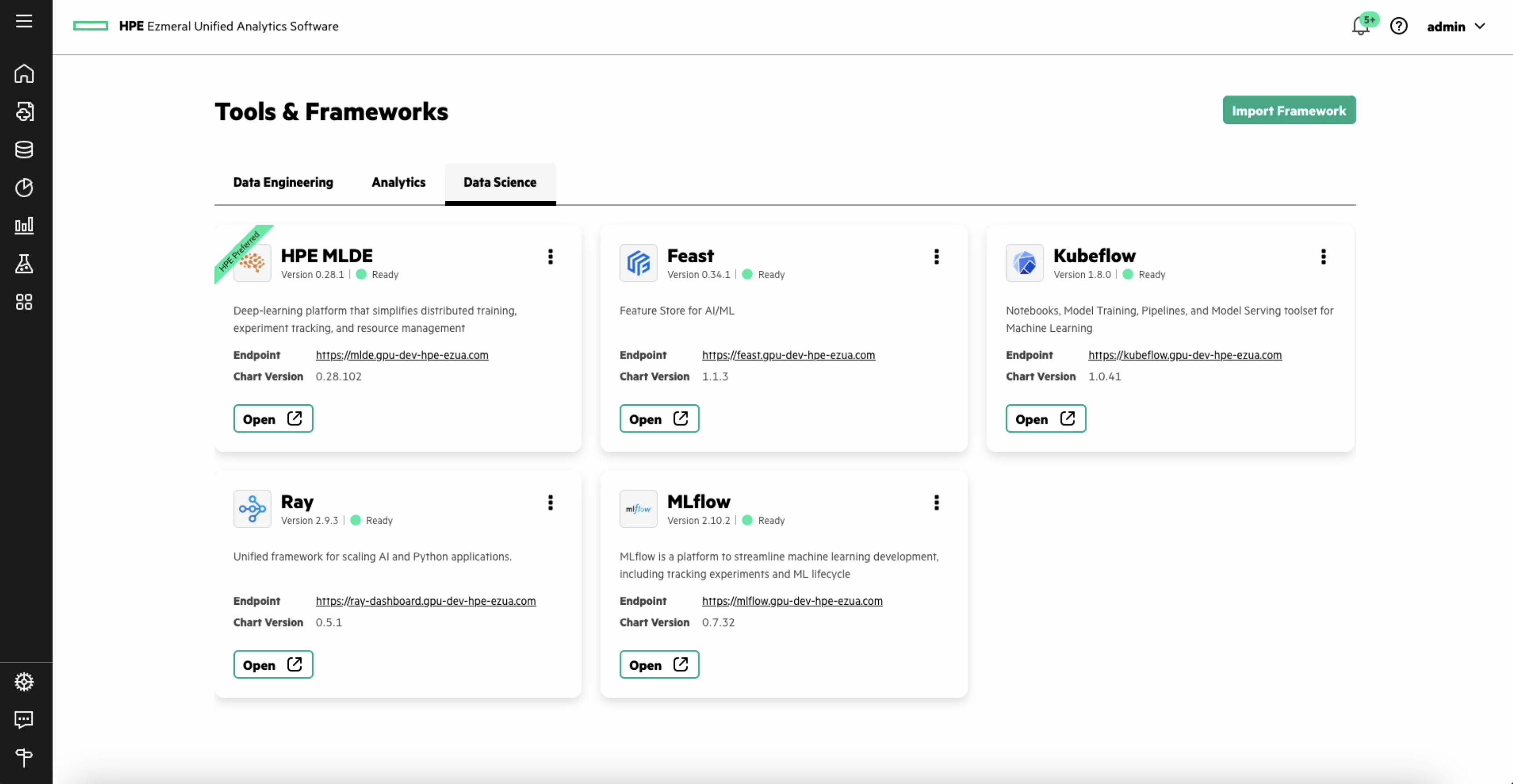 HPE managed ecosystem of open source tools built into HPE Ezmeral Unified Analytics. This screenshot shows the built-in ecosystem of open source tools segmented by data engineering, analytics, and data science personas.