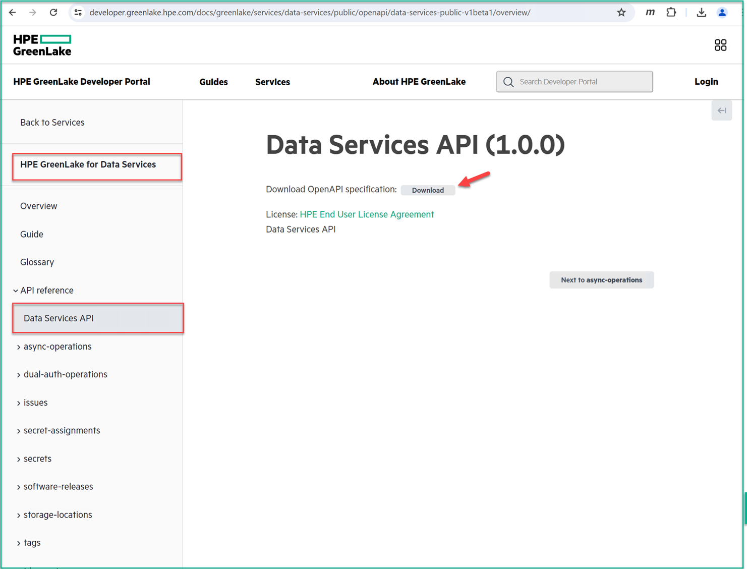 Download OpenAPI 3.1 JSON spec file from HP GreenLake Data Services