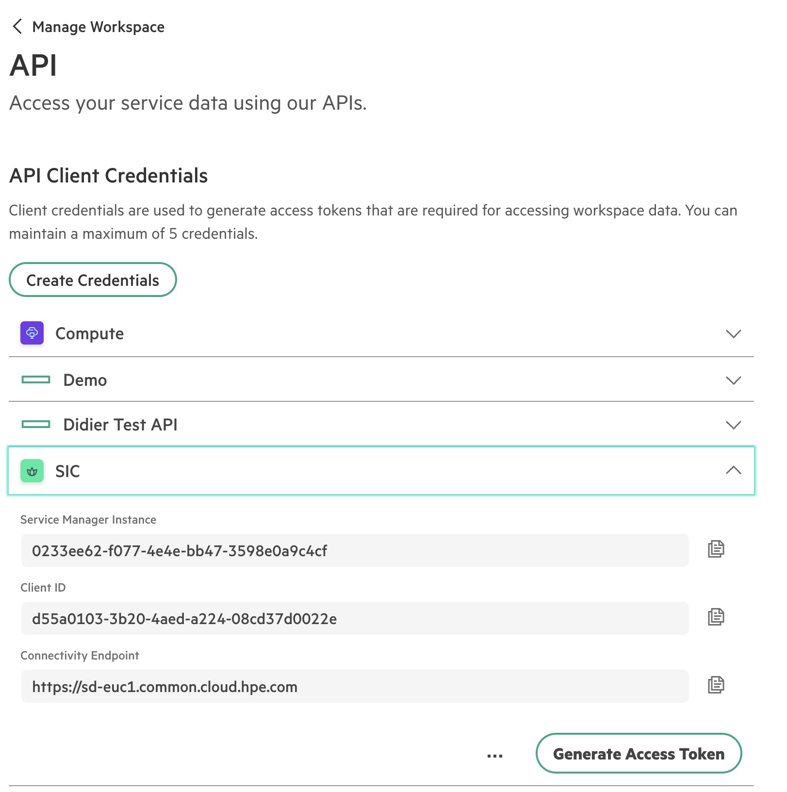 HPE GreenLake platform API client credentials